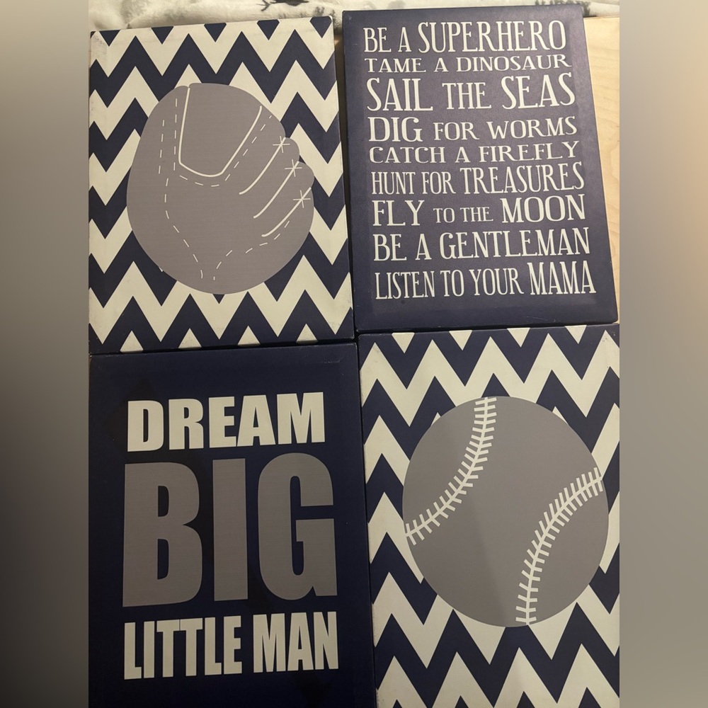 Navy and Gray Baseball Wall Art Set-All 4 are 11 inches x 15 inches